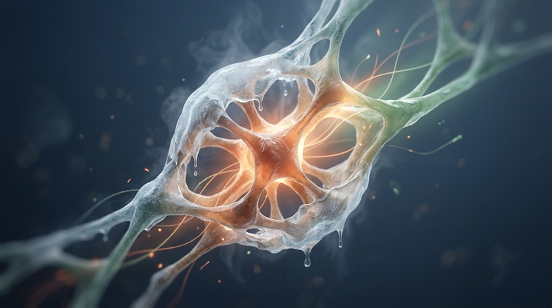 An abstract conceptual visualization of a frozen structure gently thawing and glowing with warm, protective light.