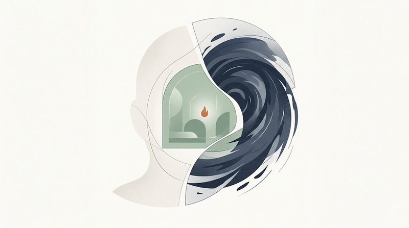 A conceptual, abstract representation of structural dissociation, showing a calm safe container within a swirling storm, representing emotional dysregulation.