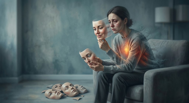 Abstract concept of a person changing masks, representing the chameleon effect of CPTSD and people-pleasing