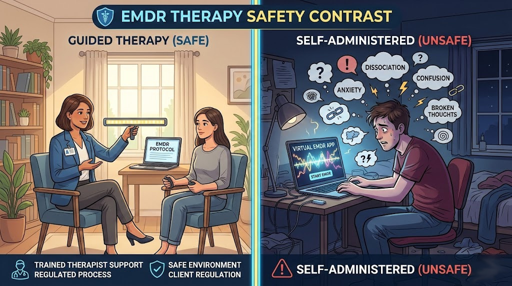 Illustration showing the dangers of DIY EMDR therapy and virtual platforms without proper grounding