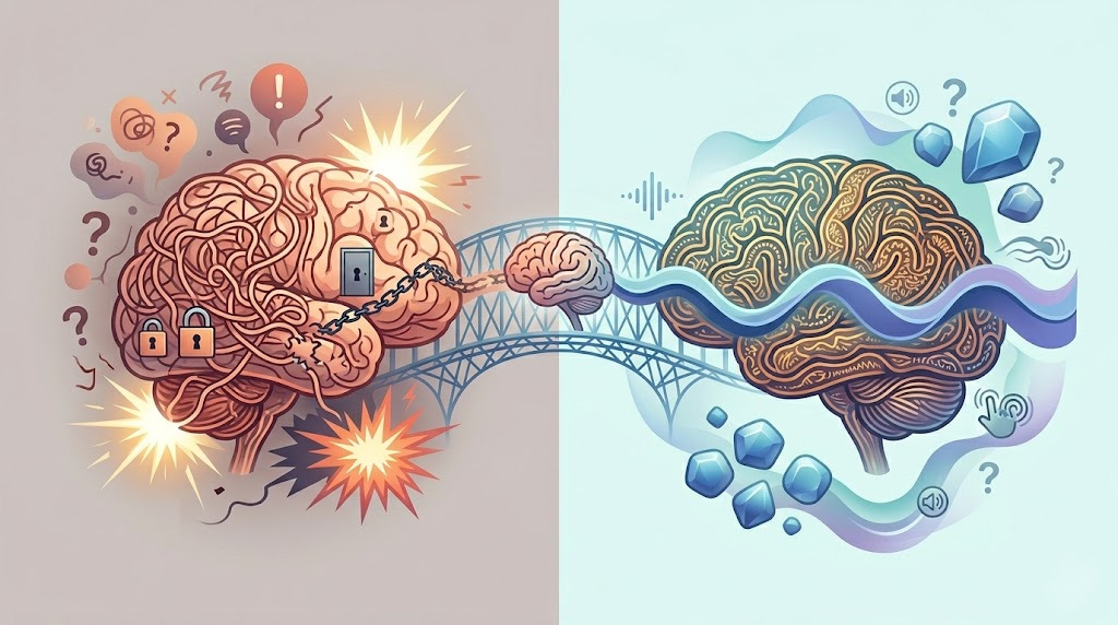 Illustration showing EMDR therapy as a bridge between neurodivergent brain wiring and trauma healing, with visual representation of bilateral stimulation and sensory processing