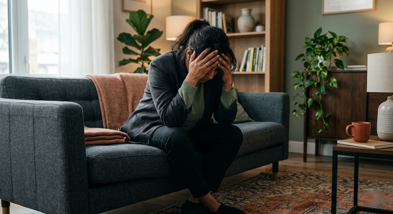 A person holding their head feeling overwhelmed, representing the feeling of getting worse or feeling destabilized after EMDR therapy