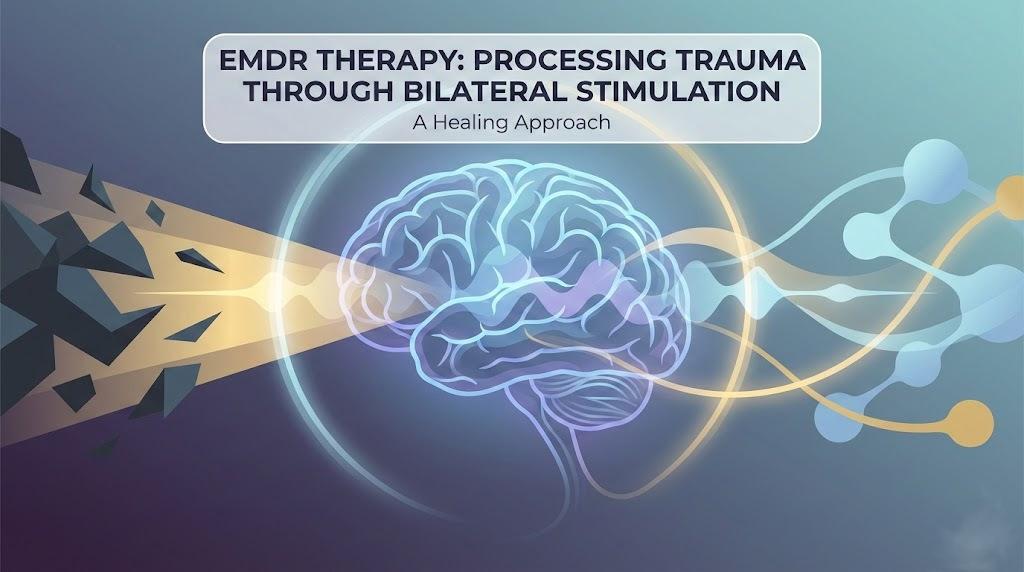 Illustration of EMDR therapy process with bilateral stimulation and brain healing