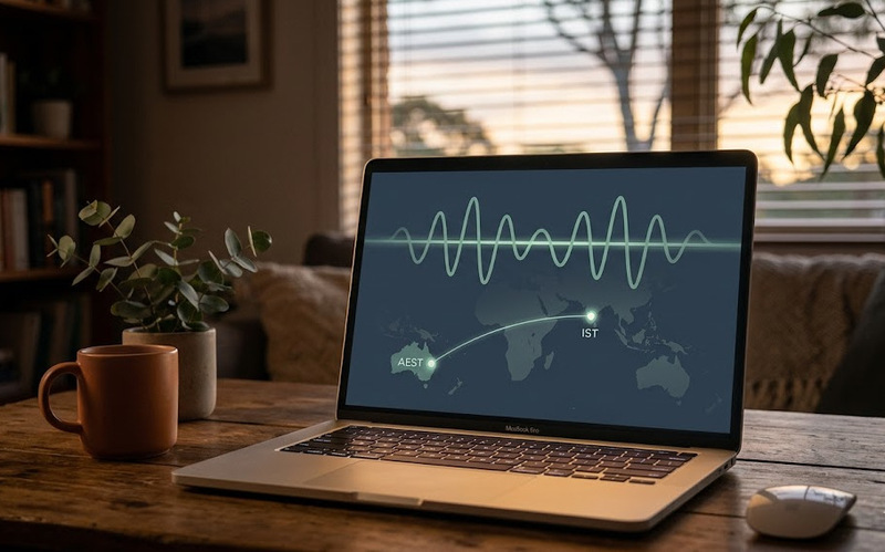 Australian client accessing online EMDR therapy via video call with Dr. Antonio D'Costa, showing remote bilateral stimulation setup with AEST/IST timezone overlay.