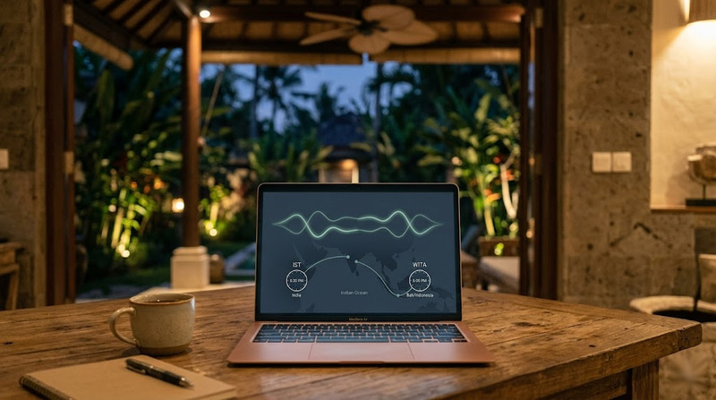 Expat in Bali accessing online EMDR therapy via video call with Dr. Antonio D'Costa, showing remote bilateral stimulation across Indonesia-India time zones.