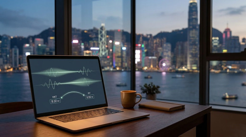 Hong Kong professional accessing online EMDR therapy via video call with Dr. Antonio D'Costa, showing remote bilateral stimulation across Hong Kong-India time zones.