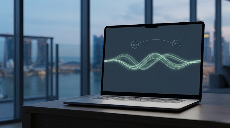Singapore professional accessing online EMDR therapy via video call with Dr. Antonio D'Costa, showing remote bilateral stimulation across Singapore-India time zones.