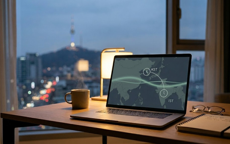 English speaker in South Korea accessing online EMDR therapy via video call with Dr. Antonio D'Costa, showing remote bilateral stimulation across Korea-India time zones.