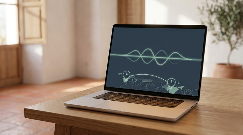 English-speaking client in Spain accessing online EMDR therapy via video call with Dr. Antonio D'Costa, showing remote bilateral stimulation across Spain-India time zones.