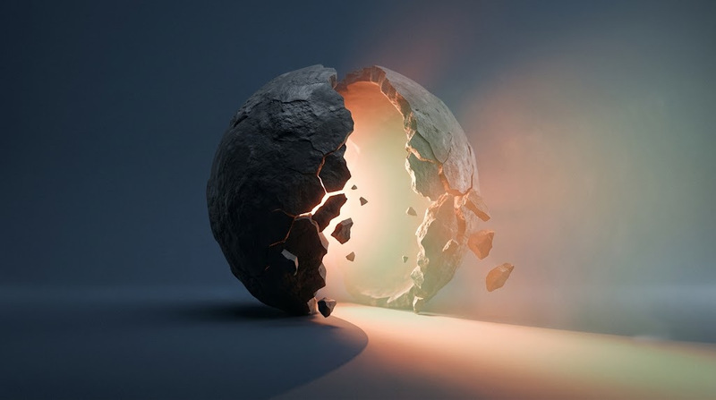 Abstract visualization of shedding a false self and turning toward a bright, calm light representing trauma recovery.