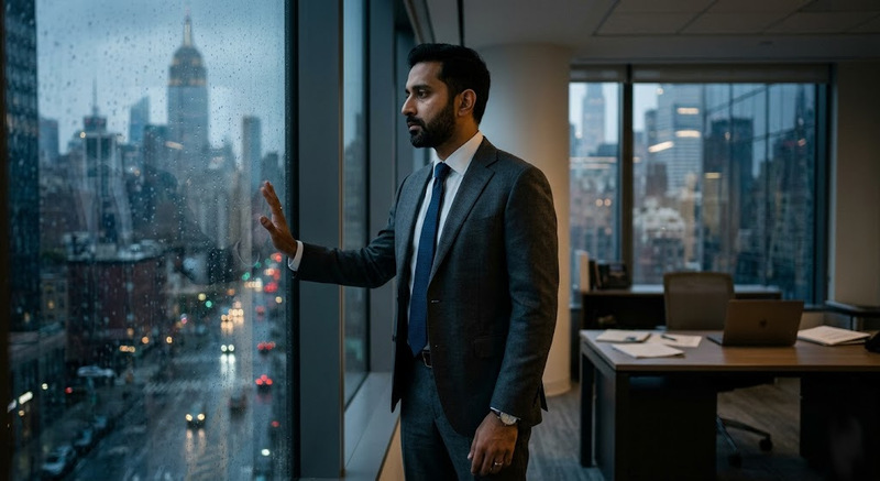 A high-achieving expat looking thoughtfully out a window, representing the emotional exhaustion of NRIs seeking trauma therapy