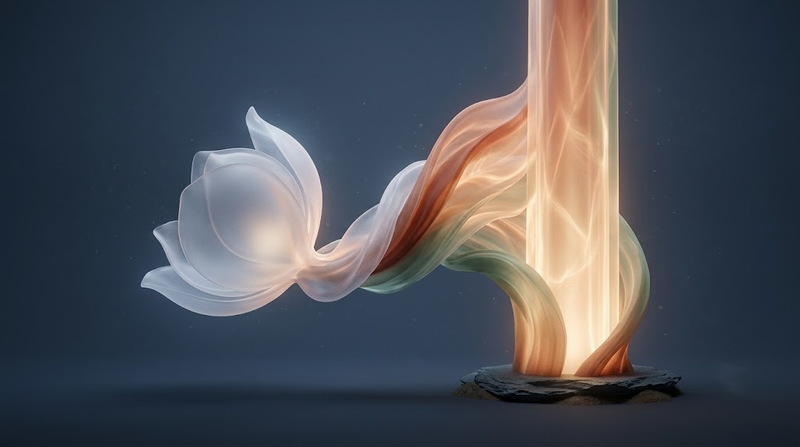 Abstract visualization of a delicate form finding strength and voice, representing trauma recovery and shedding the fawn response.