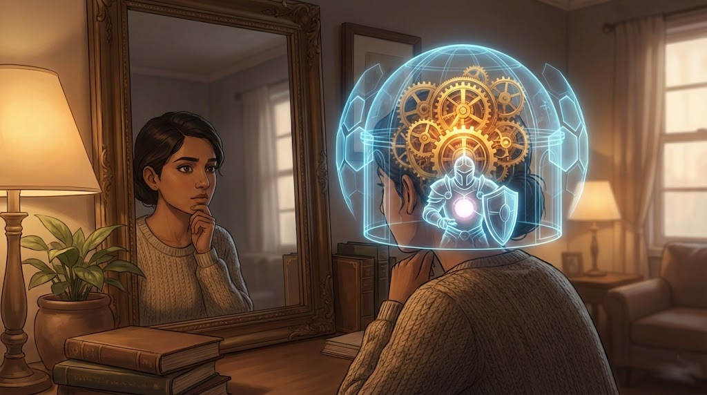 Illustration of a person with gears and protective shields in their mind, representing protector parts and internal wisdom