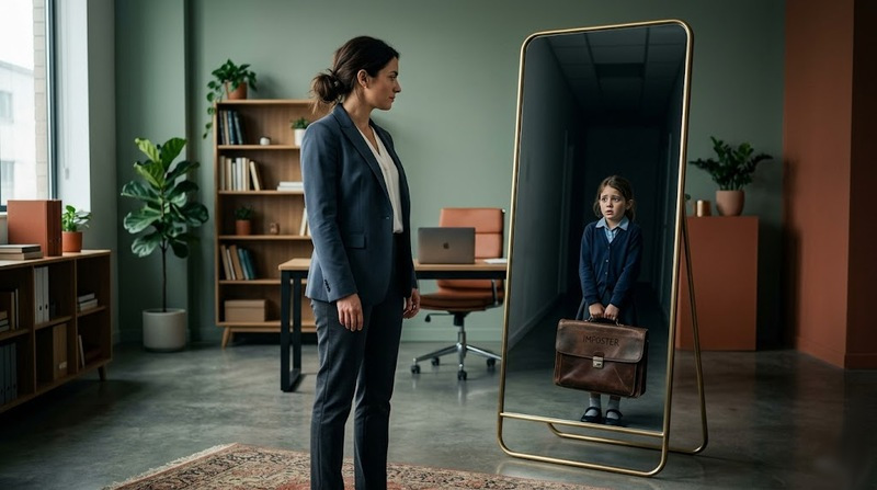 A person looking in the mirror seeing a smaller, inadequate version of themselves, representing Imposter Syndrome