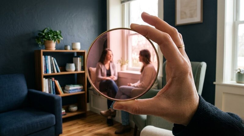 A conceptual representation of looking through a pink-tinted lens, symbolizing how trauma protective parts filter emotional experiences.