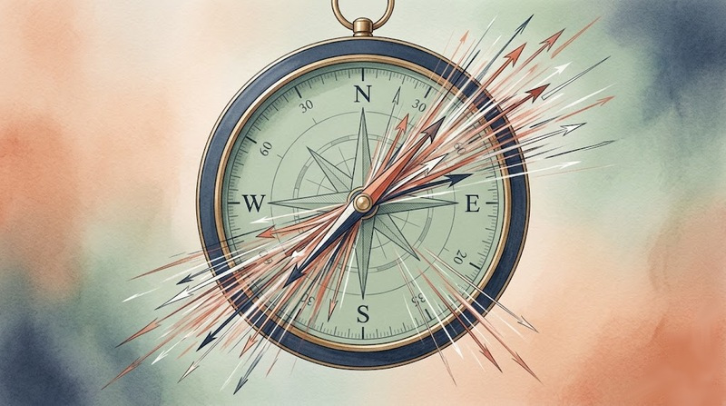 Abstract concept of a compass constantly spinning to point outward, representing the trauma-driven need to seek external validation and safety.