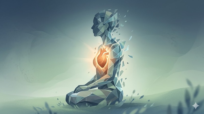 Abstract concept of a fractured identity merging into a whole self, representing the trauma healing process.