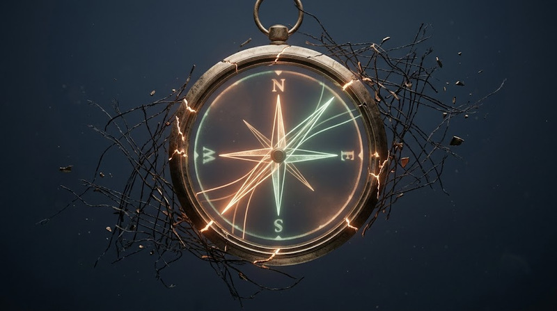An abstract, conceptual visualization of a broken compass pointing toward chaos, representing the invisible architecture of trauma bonds.