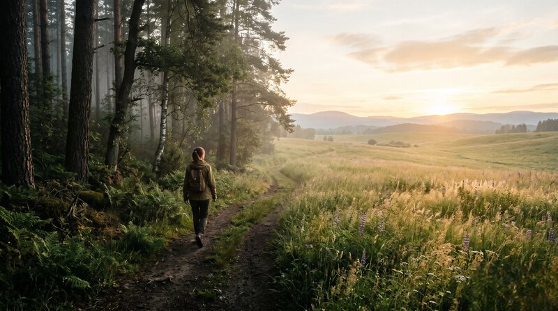 A serene landscape visual representing the journey and layers of trauma healing
